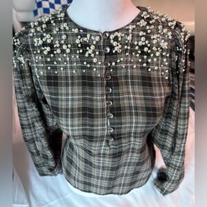 Pearl-Embellished Olive Plaid Button-Down Shirt